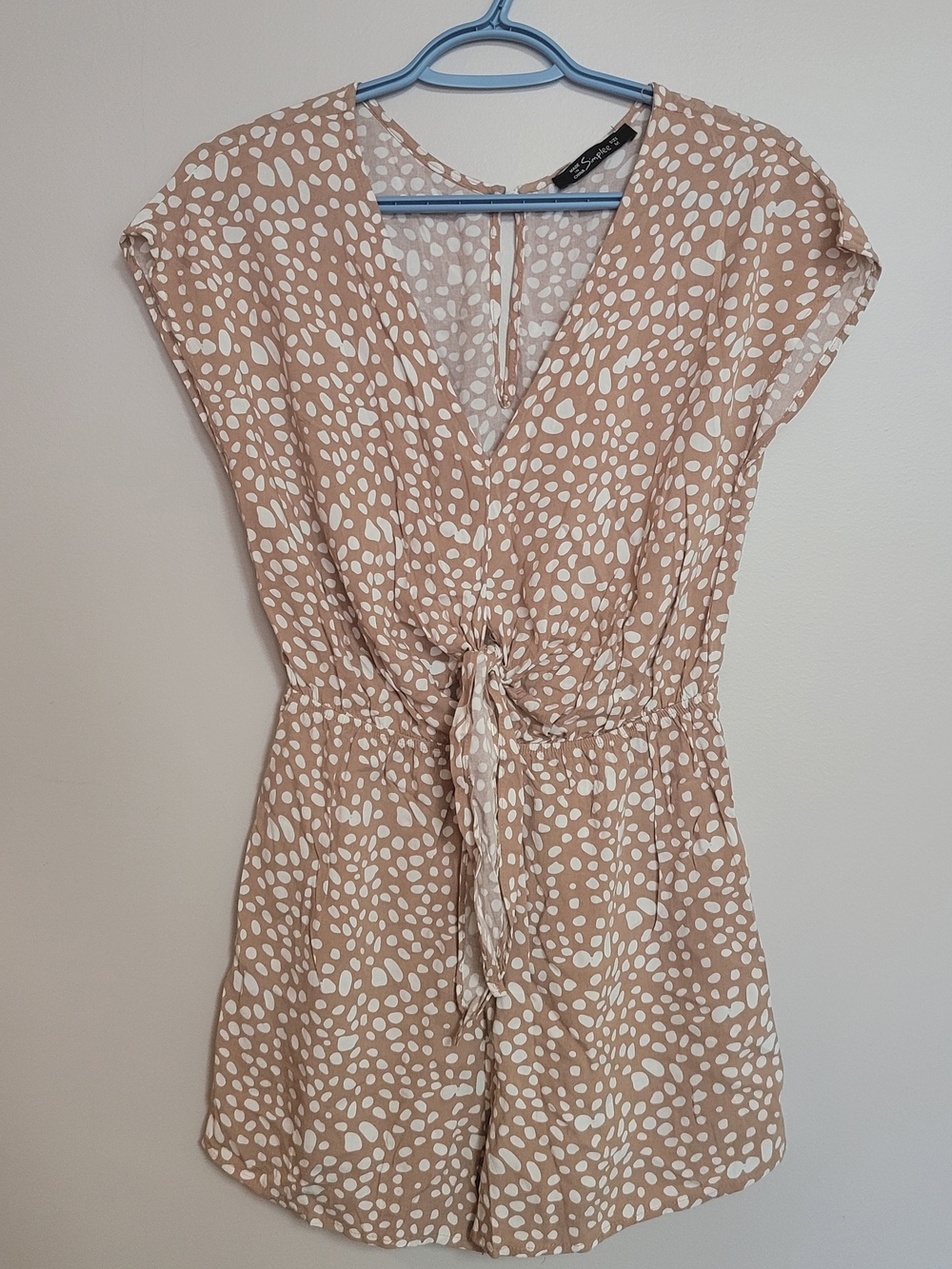 Simplee Dot-Print Tie-Front Romper in Light Tan & White